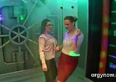 Elegant babes give a blowjob and enjoy shagging and group sex