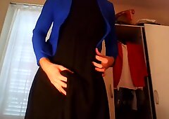 Secretary teasing in red hot trench bllue blazer black dress