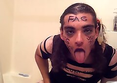 Disgusting sissy plays with cum and ash tray