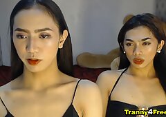 Asian Skinny Trannies Double Cock Blowjob
